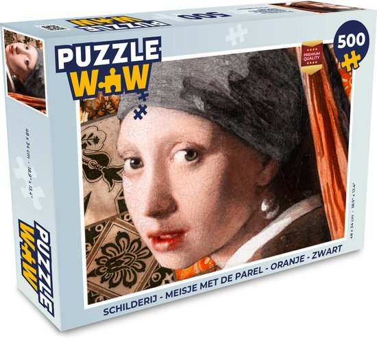 MuchoWow Puzzel Schilderij - Meisje met de parel - Oranje - Zwart - Legpuzzel - Puzzel 500 stukjes