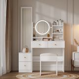 ZKOO B.V. meuble de rangement pour chaussures 4-en-1, coiffeuse, avec grand miroir et miroir de table pivotant, tabouret de coiffeuse, éclairage LED 3 couleurs, poignée en métal, blanc, dimensions : H164 cm x L109 cm x P36 cm
