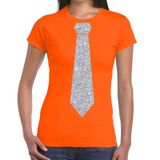 Bellatio Decorations Eighties Disco VIP XXL Carnaval verkleed t-shirt - met stropdas - oranje - zilver glitters - dames