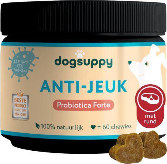 DogSuppy Anti-Jeuk Probiotica - Met rund - 100% natuurlijk - 60 heerlijke snoepjes - Bij Gevoelige Huid, Krabben, Poten likken en Allergieën - Ondersteunt Gezonde Darmflora, Rustige Huid & Natuurlijke Balans - Aanbevolen door Dierenartsen
