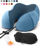 SKYCASES Nekkussen Set 3-delig - Ergonomisch Memory Foam Reiskussen met Oogmasker en Oordoppen - Ideaal voor Vliegtuig, Auto en Trein - Compact en Luxe - Royal Blue