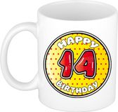 Bellatio Decorations Verjaardag cadeau mok - 14 jaar - geel - sterretjes - 300 ml - keramiek