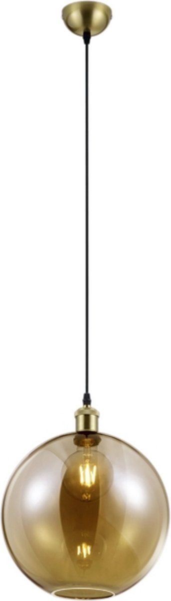 Reality Leuchten Hanglamp Dino - Messing - Metaal - Amberkleurig Glas - E27