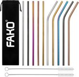 Fako Bijoux Fako Bijoux® - 10 Herbruikbare RVS Gekleurde Rietjes - 2 Schoonmaakborstels - Velours Zakje - Milieuvriendelijk