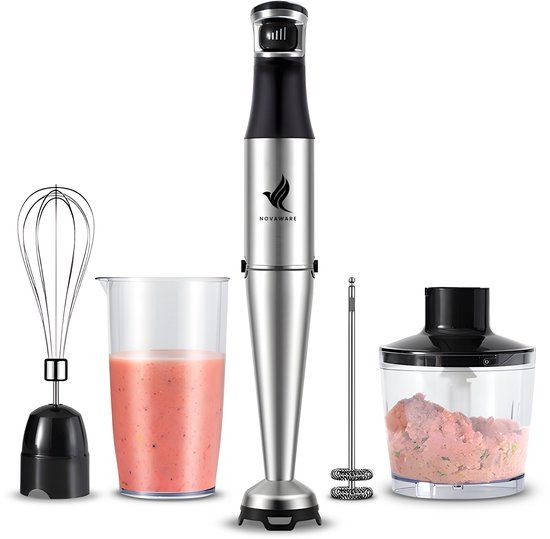 NovaWare Staafmixer 6-in-1 Set – 1100W - Hand Blender - Met Hakmolen, Garde, Melkopschuimer & Maatbeker – RVS