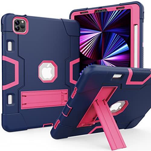 DAYI iPad Air 10,9 inch iPad Air 5. Case 4e generatie, iPad Pro 11 Case 2020/2018, high-performance schokbestendige, robuuste beschermhoes met kickstand marineblauw + roze