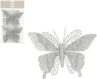 House of Seasons Edelman Bv Kerstboomversiering Vlinder - 2x stuks - 16 cm - zilver glitter - op clip