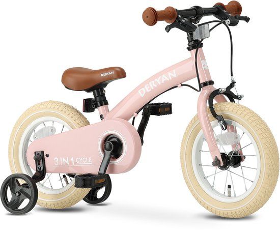 Deryan Luxe Kinderfiets 12 inch - 3 in 1 - loopfiets - Roze