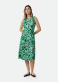 Comma - Dames - Getailleerde Midi-jurk met All-over Print - Smaragd - Lange Mouw - Ronde Hals - Katoen