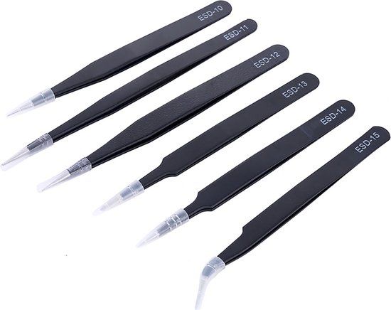 HaverCo Set van 6 metalen pincetten - ESD RVS roestvaststaal - HaverCo