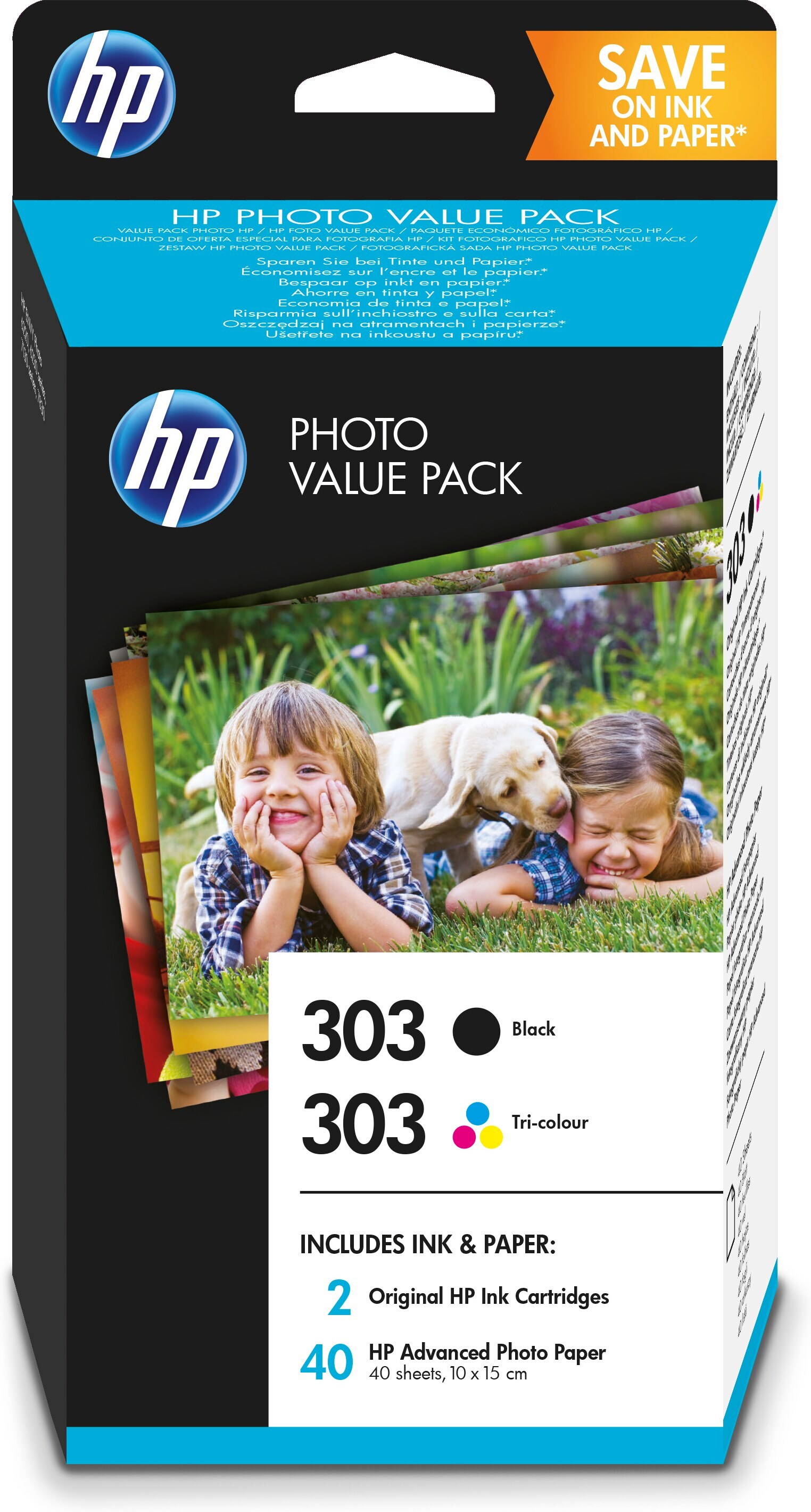 HP 303 foto value pack zwart/drie-kleuren en 40 vel 10 x 15 cm multi pack / cyaan, geel, magenta, zwart