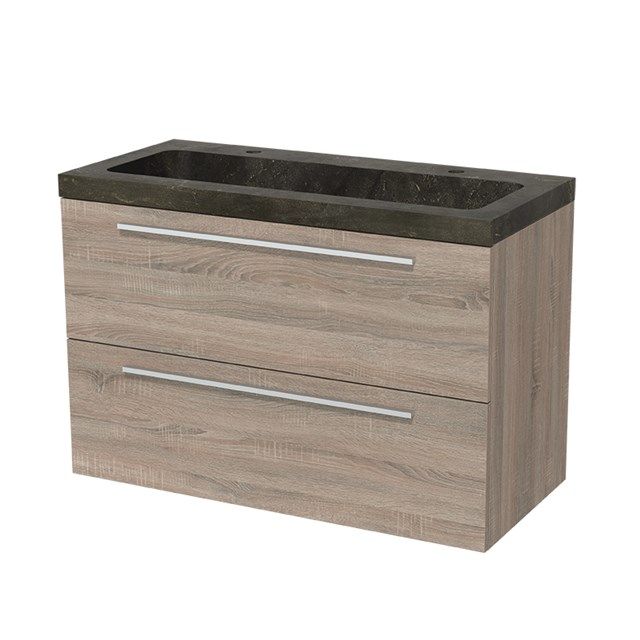 Maxaro Badkamermeubel 100cm Modulo Eiken 2 Lades Vlak Wastafel Natuursteen Blue Stone