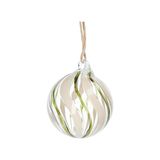 Boule de Noël, lignes torsadées, vert et blanc, verre, 5 cm