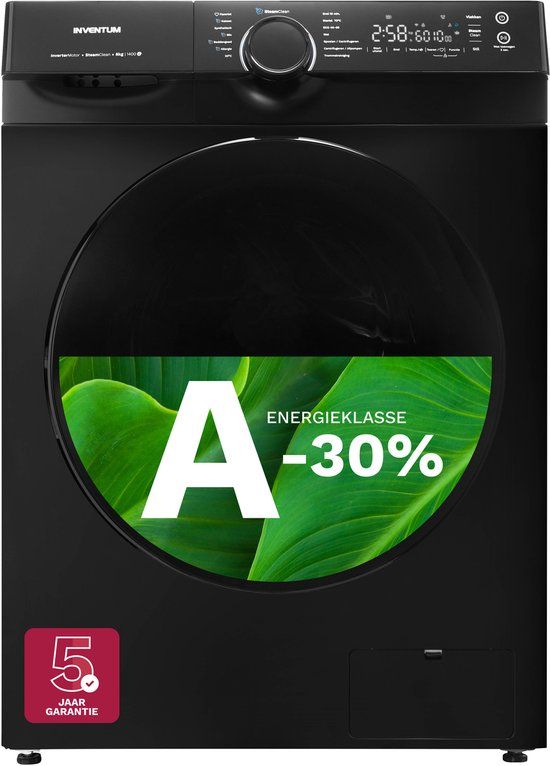 Inventum VWM8030B Wasmachine - 8kg - 14 programma's - 1400 toeren - Energieklasse A-30% - Steam Clean - Zwart