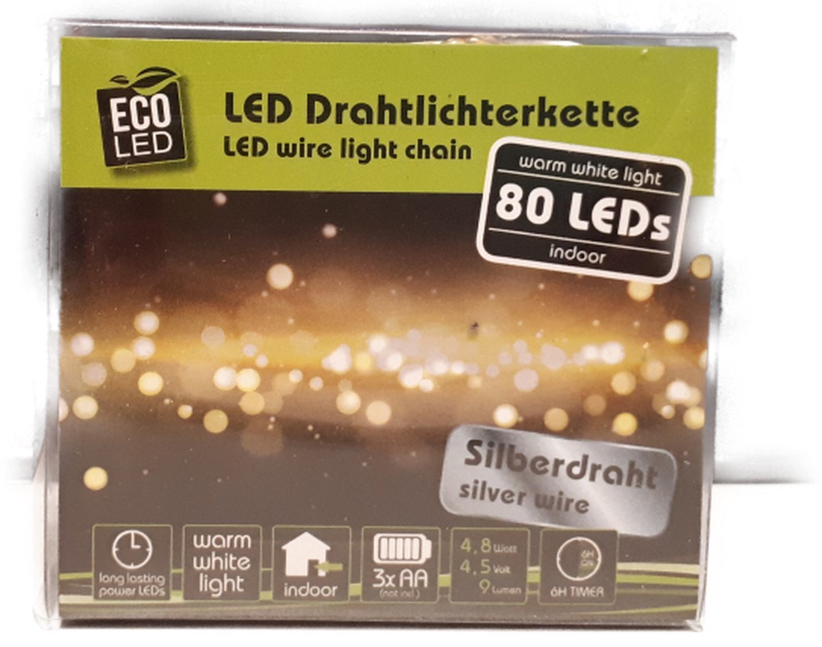 Eco-Led Led draad verlichting - 80 LEDS - 8 meter - Warm wit - Werkt op batterij - Voor binnen - Timer - Kerst verlichting - Licht Slinger