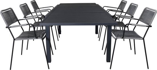 Hioshop Marbella tuinmeubelset tafel 100x160/240cm en 6 stoel armleuning Lindos zwart.