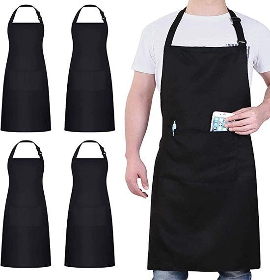 Kookschort Zwart Schort met 2 Zakken Waterdicht Verstelbaar voor Heren Dames Keuken Tuin Restaurant Barbecue Koffie Set van 4