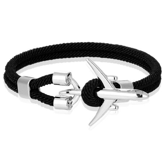 LGT JWLS LGT Jewels Heren Armband Paracord Vliegtuig Anker Zilverkleurig Zwart-19cm