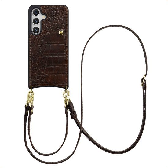 Selencia Hoesje - Geschikt voor Samsung Galaxy S24 / S25 - Croco Backcover met koord en pashouder - Choco Brown