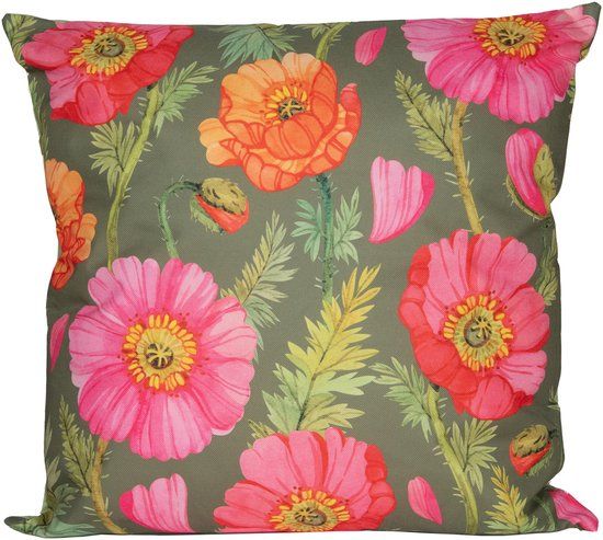 Anna's Collection Sierkussen voor binnen en buiten - klaprozen bloemen - groen/roze - 60 x 60 cm