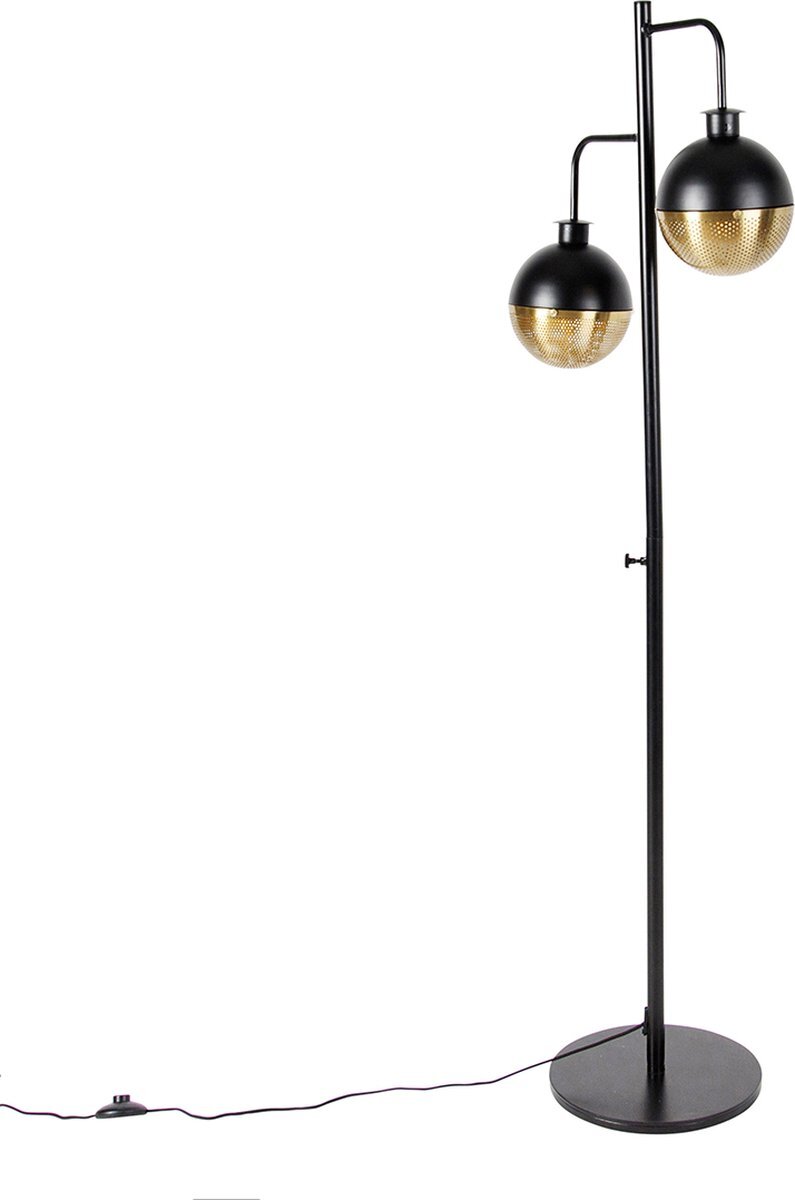 QAZQA haicha - Industriele Vloerlamp | Staande Lamp - 2 lichts - H 151 cm - Goud/messing - Industrieel - Woonkamer | Slaapkamer | Keuken