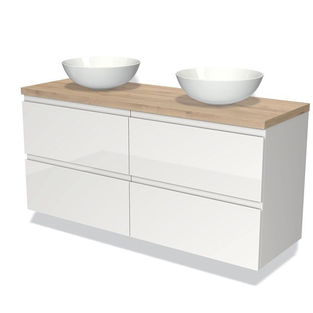 Maxaro Badkamermeubel voor Waskom 140cm Modulo Plato Hoogglans Wit 4 Lades Greeploos Lichtbruin Eiken Blad
