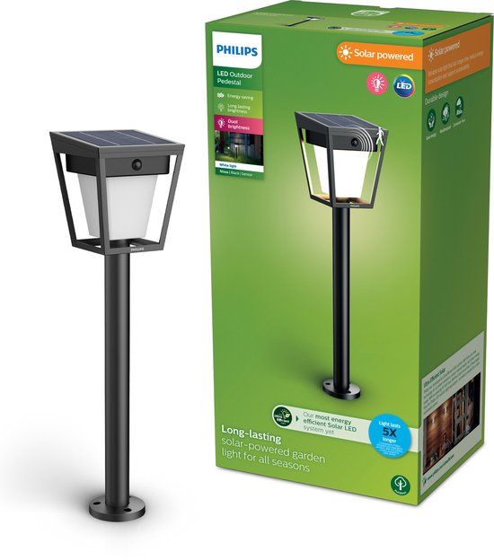 Philips LED Philips Nissa sokkellamp - UltraEfficient LED - Solar buitenlamp - Helder warm licht; 3000K - Zwart - Bewegingssensor - Schemersensor - Tuinpadverlichting - Zonne-energie