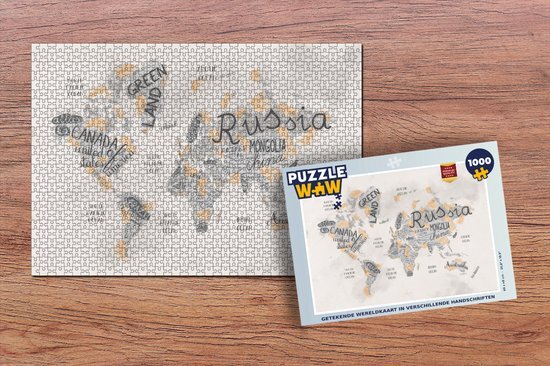 MuchoWow Puzzel Wereldkaart - Letters - Bruin - Legpuzzel - Puzzel 1000 stukjes volwassenen