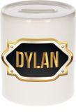 Bellatio Decorations Shoppartners Bv Spaarpot met voornaam Dylan - wit - met goud/zwart embleem - 8 x 9 cm - keramiek - met afsluitdop - cadeau verjaardag