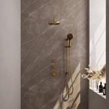 Brauer Gold Edition Thermostatische Regendoucheset Inbouw - Hoofddouche 20 cm - Gebogen Wandarm - Handdouche 3 Standen - Doucheslang - Geintegreerde Glijstang - Geborsteld Goud