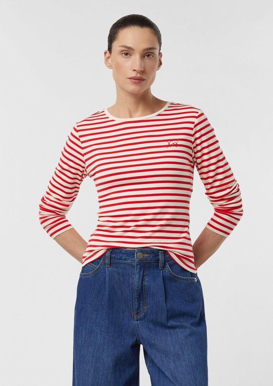 comma Gestreepte T-shirt met ronde hals en korte mouwen voor dames, granaatappel, maat 42