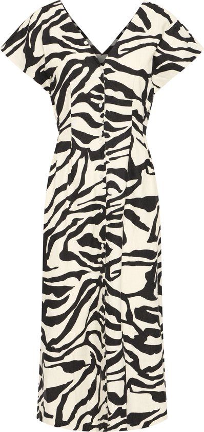 ICHI IHLINNO DR8 Dames Jurk Linnen Zebraprint Korte Mouw V-hals 36