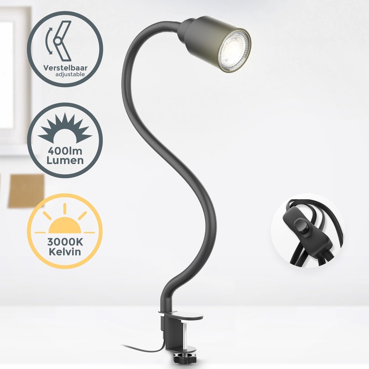 B.K.Licht - Zwarte Klemlamp - LED - draaibar - aan/uit schakelaar - netstroom - bureaulamp - tafellamp - met GU10 - 3.000K - 400Lm - 5W