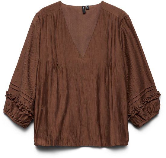 Vero Moda Curve Top VMCLESLIE Top V-hals Driekwart mouw Kort Effen Lyocell Cocoa Brown Maat 50
