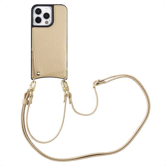 Selencia Hoesje - Geschikt voor Apple iPhone 13 Pro - Backcover met koord en pashouder - Beige