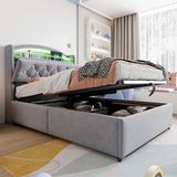 MODFU Luxe lit de rangement avec ressort à gaz (90x200) - Lit adolescent en velours gris avec LED, 4 ports USB et étagère - Capitonnage