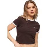 Superdry Dames Kort T-shirt van biologisch katoen met bies - Dark Chocolate Brown/Optic White - UK16/EU44