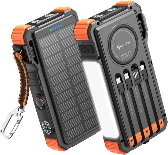 Siltcon Solar Powerbank 20000 mAh - Zwart/Oranje - Draadloos Opladen - 22.5W Snellader - Zaklamp - Geschikt voor iOS/Android