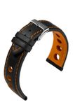 BARINGTON EULIT horlogeband - leer - 22 mm - zwart met oranje stiksel - metalen gesp