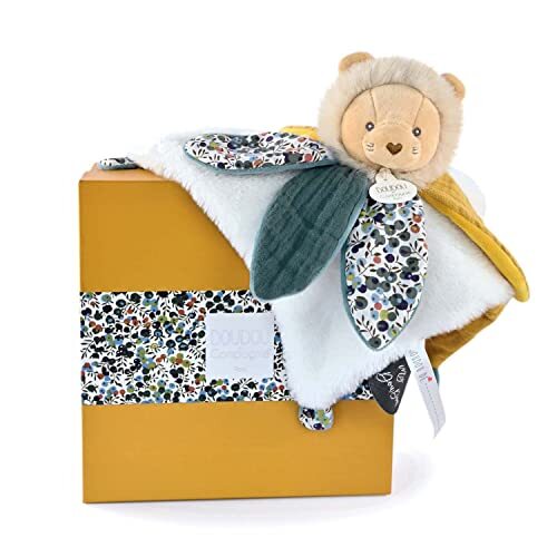 Doudou et Compagnie - Boh'aime DC4025 knuffeldier bloemblaadje leeuw geel 27 cm – geboortecadeau – mooie geschenkdoos