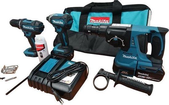 Makita DLX3089T Combiset - DHP482 Klopboormachine + DTD153 Slagschroevendraaier + DHR243 Boorhamer 18V 5.0 Ah Accu (2 st) in Tas