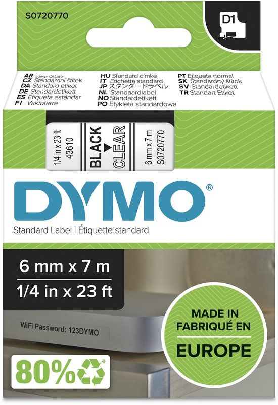 DYMO D1 labels | Zwart op Transparant | 6 mm x 7 m