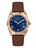 GUESS 42mm roestvrij staal dag-datum horloge met munt rand bezel, Bruin/Rose Gold Toon/Blauw, NS, Klassiek
