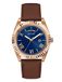 GUESS 42mm roestvrij staal dag-datum horloge met munt rand bezel, Bruin/Rose Gold Toon/Blauw, NS, Klassiek