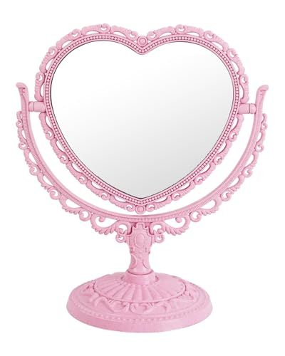 Roze hartvormig: Xpxkj 17 cm tafelblad make-upspiegel met 3x vergroting, tweezijdige buikspieren decoratief ingelijst Europees voor badkamer slaapkamer kleedspiegel (roze hart-shap
