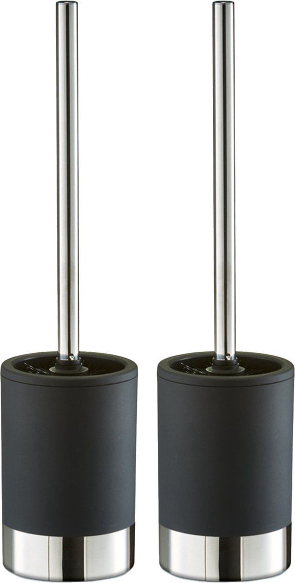 ZELLER WC/Toiletborstel houder - 2x stuks - zwart - keramiek/rubber coating - D10 x 41 cm