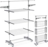 OEM Vouwbare wasrek - RVS - Vouwbare wasdroger op wielen - 3 niveaus - Torenmodel - Verstelbaar - Draagvermogen: 30 kg / Totale drooglengte: 23 meter