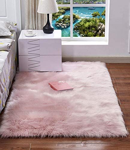 HARESLE Vierkant Faux Fur Tapijt Pluizige Slaapkamer Matten Roze 2 x 4 ft