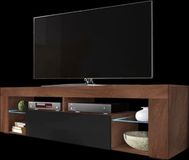 Selsey HUGO TV-kast, tv-tafel, planken van glas, 140 cm, walnoot, glanzend zwart