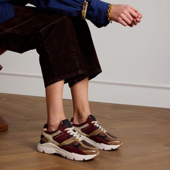Manfield - Dames - Beige leren sneakers met multicolor details - Maat 39